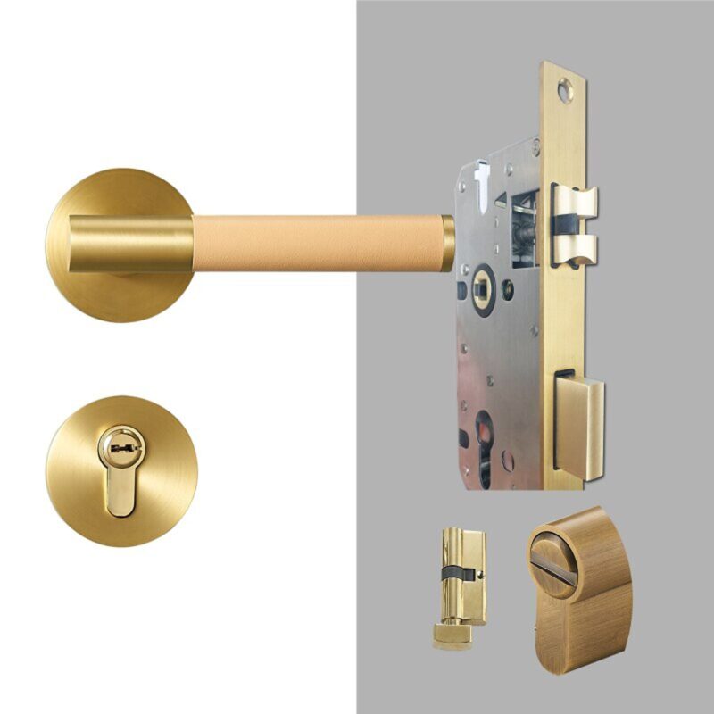 BEETHAM Solid Brass & Leather Lever Door Handles in Satin Brass
