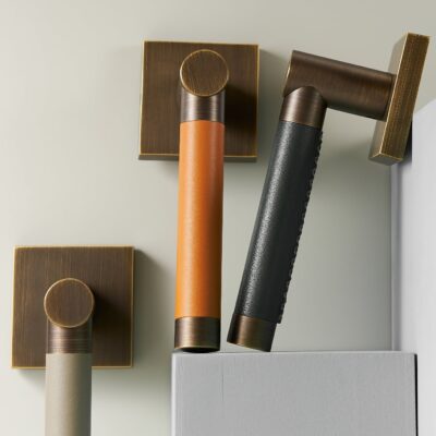 BEETHAM Solid Brass & Leather Lever Door Handles - Square Rose